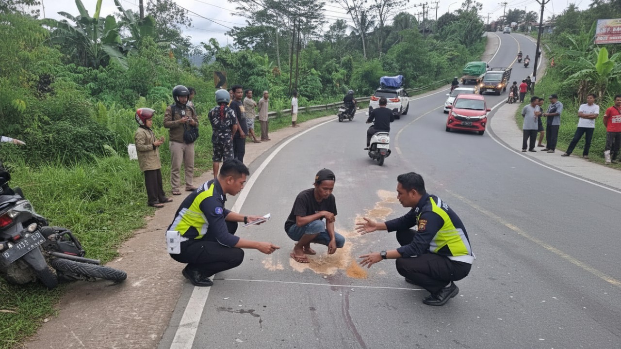 Petugas kepolisian melakukan olah TKP kecelakaan di Jalan Poros Samarinda Bontang, Selasa (30 Desember 2025).