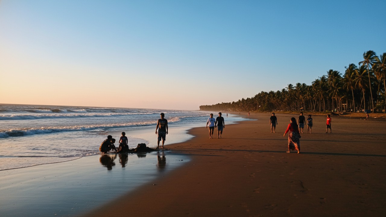 Panorama Pantai Tanjung Jumlai dengan pasir kwarsa cerah dan deretan pohon kelapa yang menenangkan.
