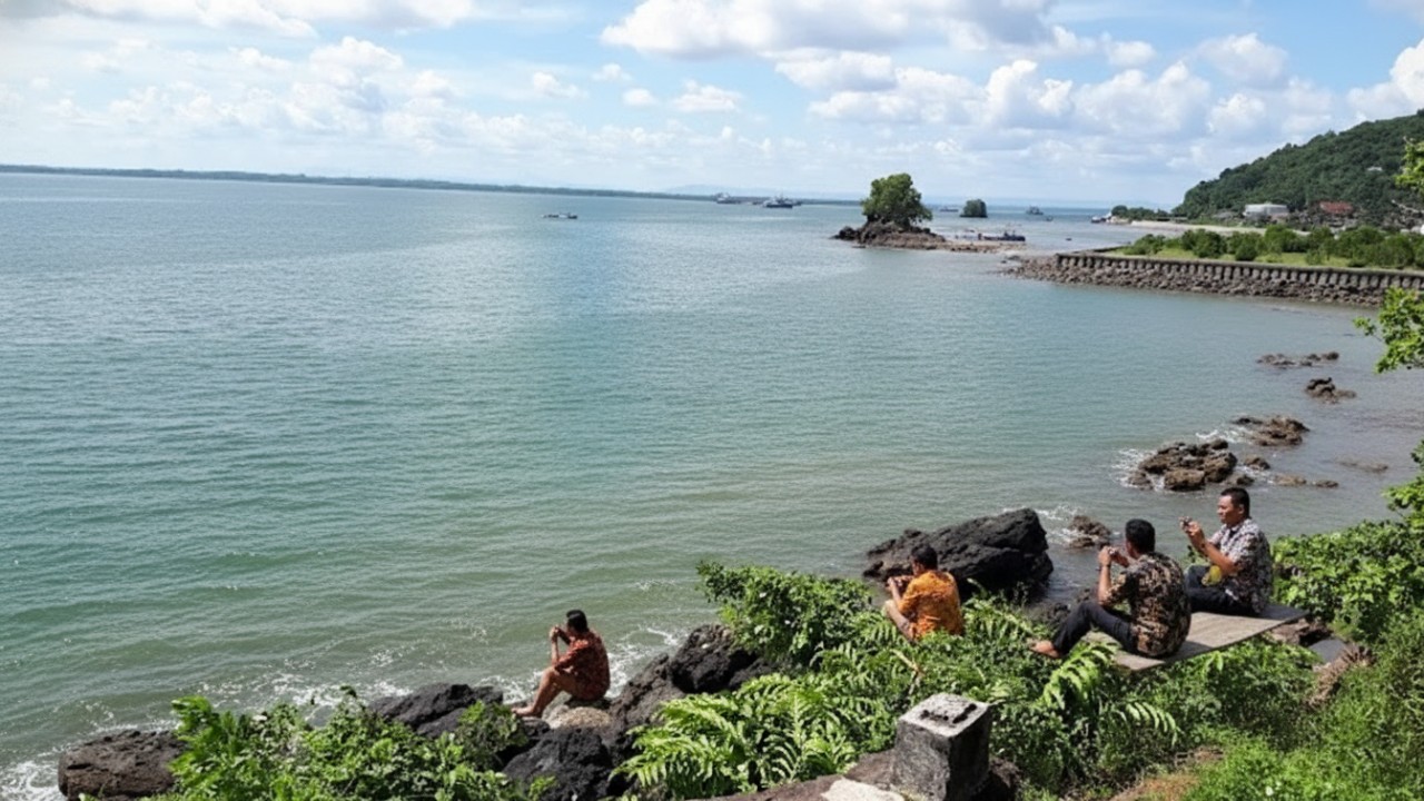 Hamparan batu alami dan panorama laut di Pantai Batu-Batu Banua Patra Balikpapan saat sore hari.