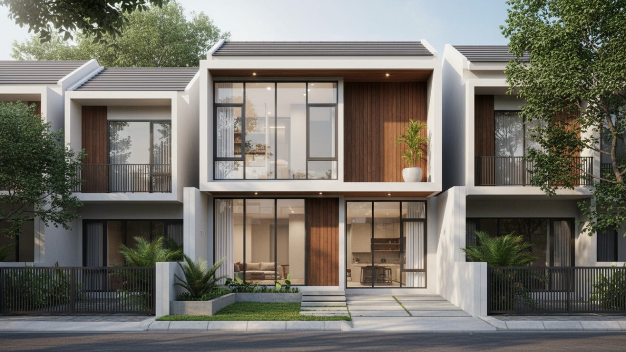 Rumah minimalis lantai dua dengan desain kompak dan pencahayaan alami yang mendukung kehidupan keluarga muda.