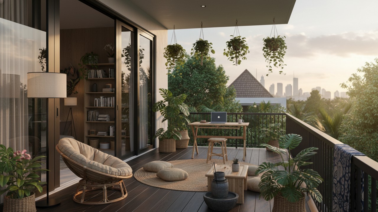 Balkon rumah minimalis lantai dua dengan material alami dan tanaman ringan, mencerminkan tren ruang hidup kedua 2026.