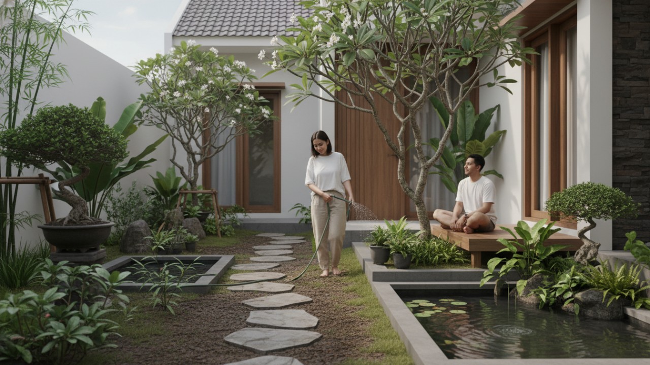 Kebun halaman rumah minimalis dengan tanaman hijau lembut dan area duduk sederhana yang menghadirkan suasana tenang.
