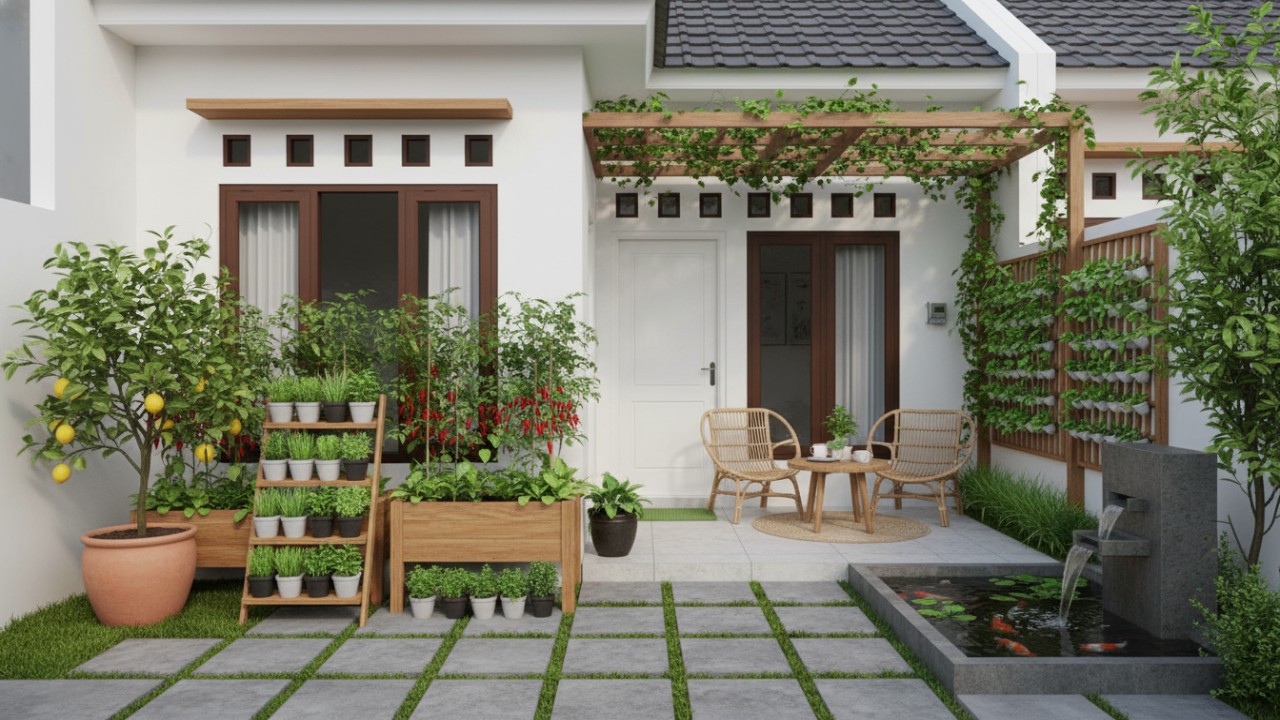 Tampilan kebun halaman rumah minimalis dengan konsep edible landscape yang rapi, estetis, dan menghasilkan tanaman konsumsi sega
