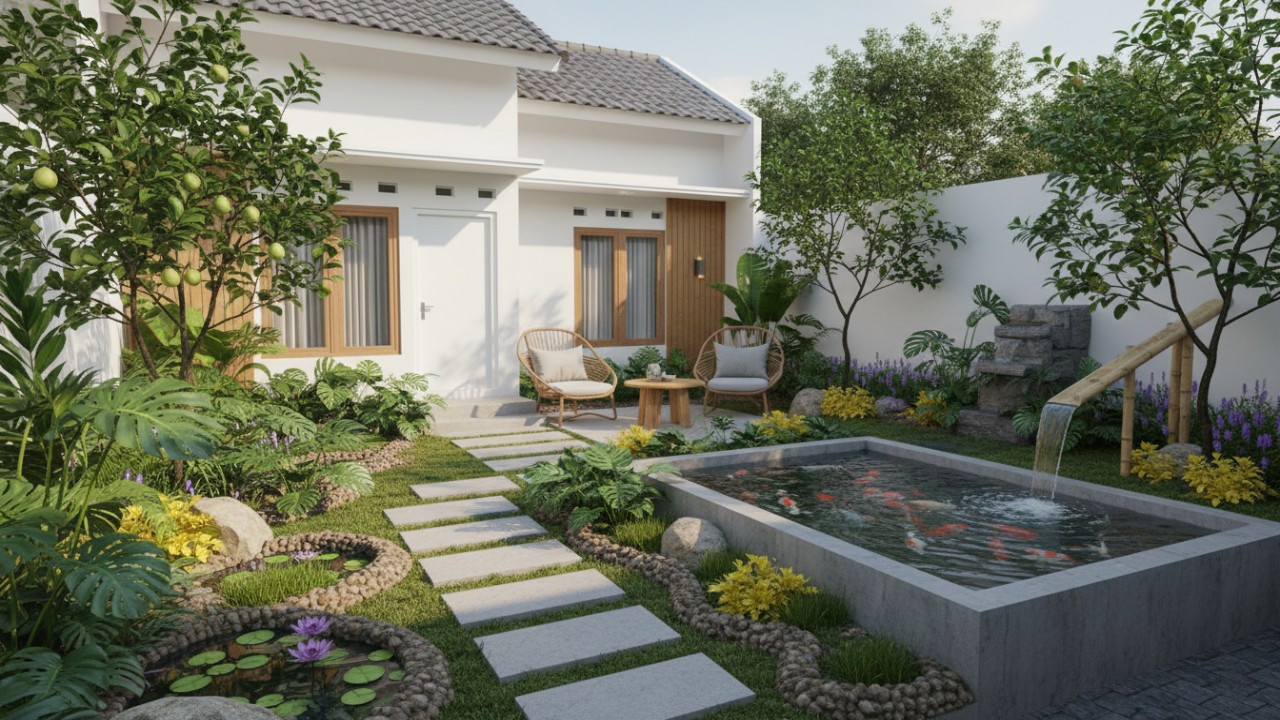ampilan kebun halaman minimalis tropis dengan tanaman lokal dan area resapan alami yang fungsional.