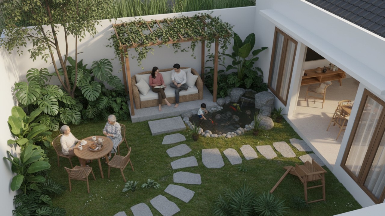 Kebun halaman rumah minimalis dengan area duduk teduh yang terhubung langsung ke ruang utama rumah.