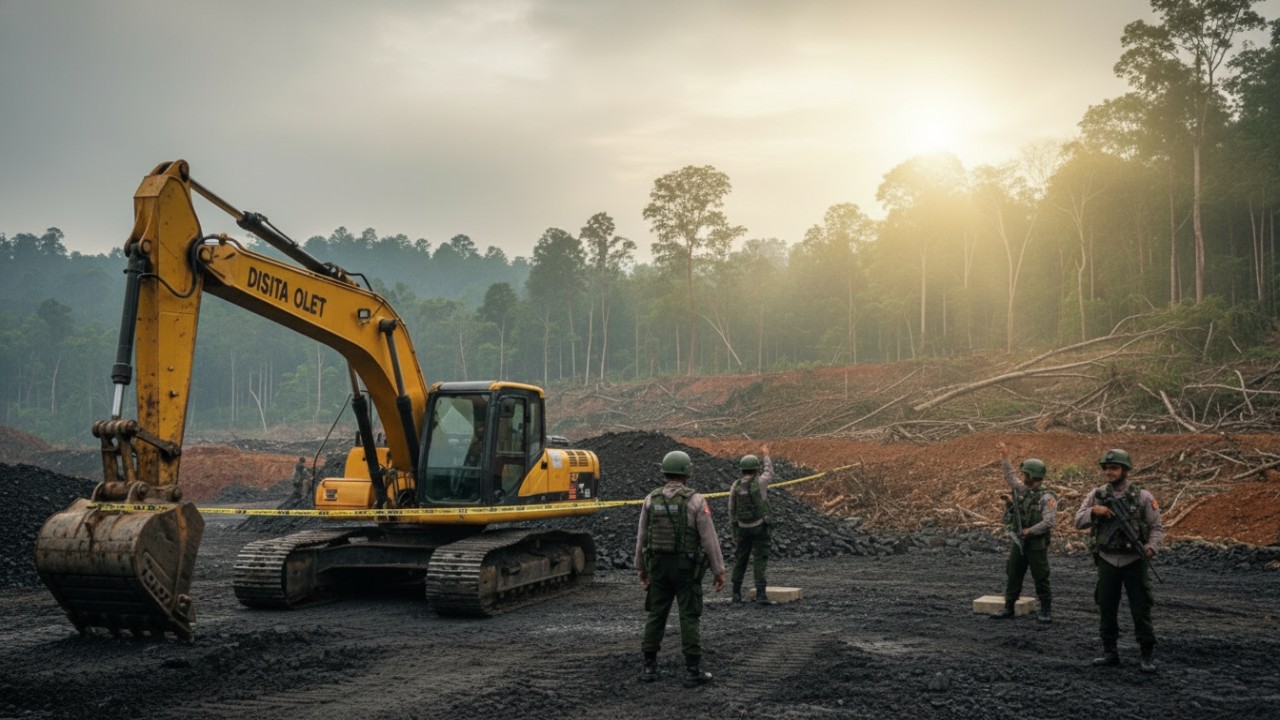 Ilustrasi Penyitaan alat berat dan batu bara dalam penindakan tambang ilegal di Kalimantan Timur, bukti komitmen penegakan hukum.