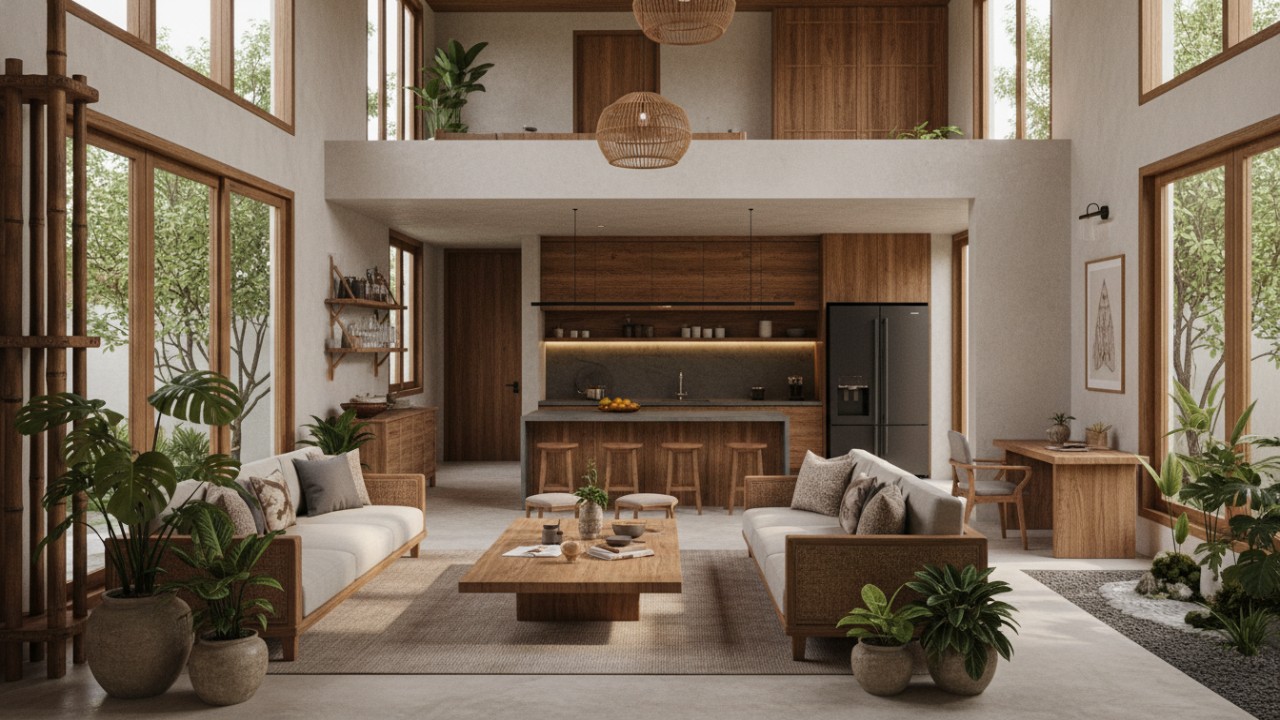 Interior Japandi evolutif dengan dominasi kayu alami, warna beige hangat, dan cahaya alami yang menenangkan.