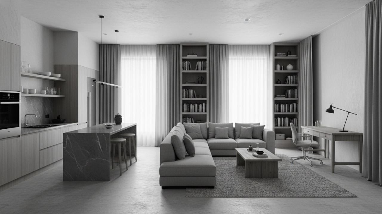 Interior rumah urban dengan palet monokrom lembut, tekstur halus, dan pencahayaan hangat yang menenangkan.