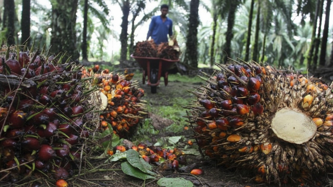 Tandan buah segar (TBS) kelapa sawit hasil panen petani di Kalimantan Timur.