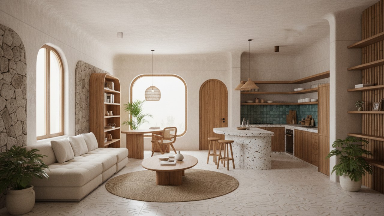 Interior rumah minimalis organik modern dengan bentuk melengkung, material kayu alami, dan tanaman indoor yang menenangkan.