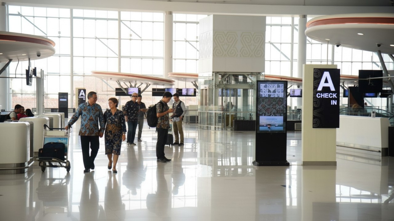 Area check in Timur Bandara SAMS Sepinggan Balikpapan kembali beroperasi untuk melayani penerbangan domestik dan internasional.