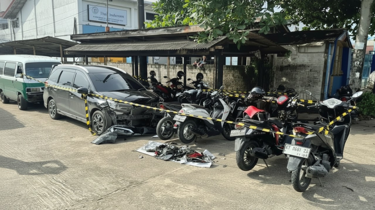 Sejumlah kendaraan diamankan petugas usai terlibat kecelakaan beruntun di Jalan Mulawarman, Balikpapan, Jumat (2 Januari 2026).