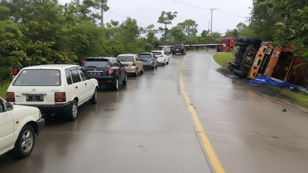 Sejumlah mobil terjebak kemacetan akibat truk trailer melintang di kawasan Gunung Tengkorak, Sabtu (3 Januari 2026).
