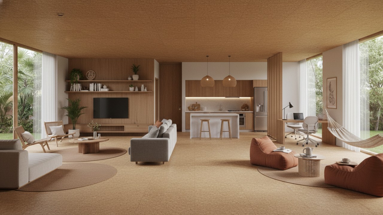 Lantai Gabus (Cork Flooring) Hangat, empuk, dan meredam suara.