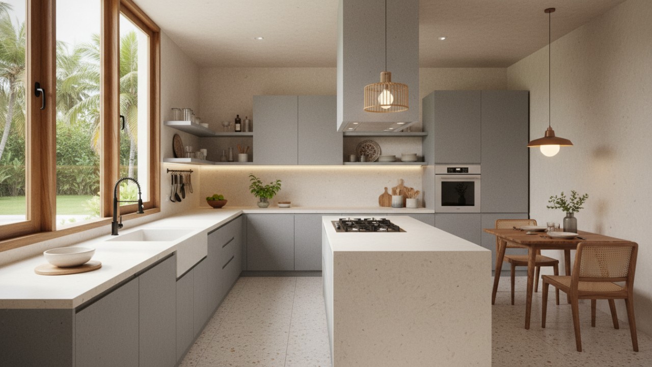 Visual dapur minimalis 2026 dengan kombinasi material solid surface dan kayu termal yang rapi dan fungsional.