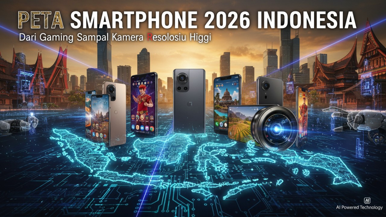 Ilustrasi deretan smartphone terbaru 2026 dengan fokus gaming, kamera, dan teknologi pendingin modern.