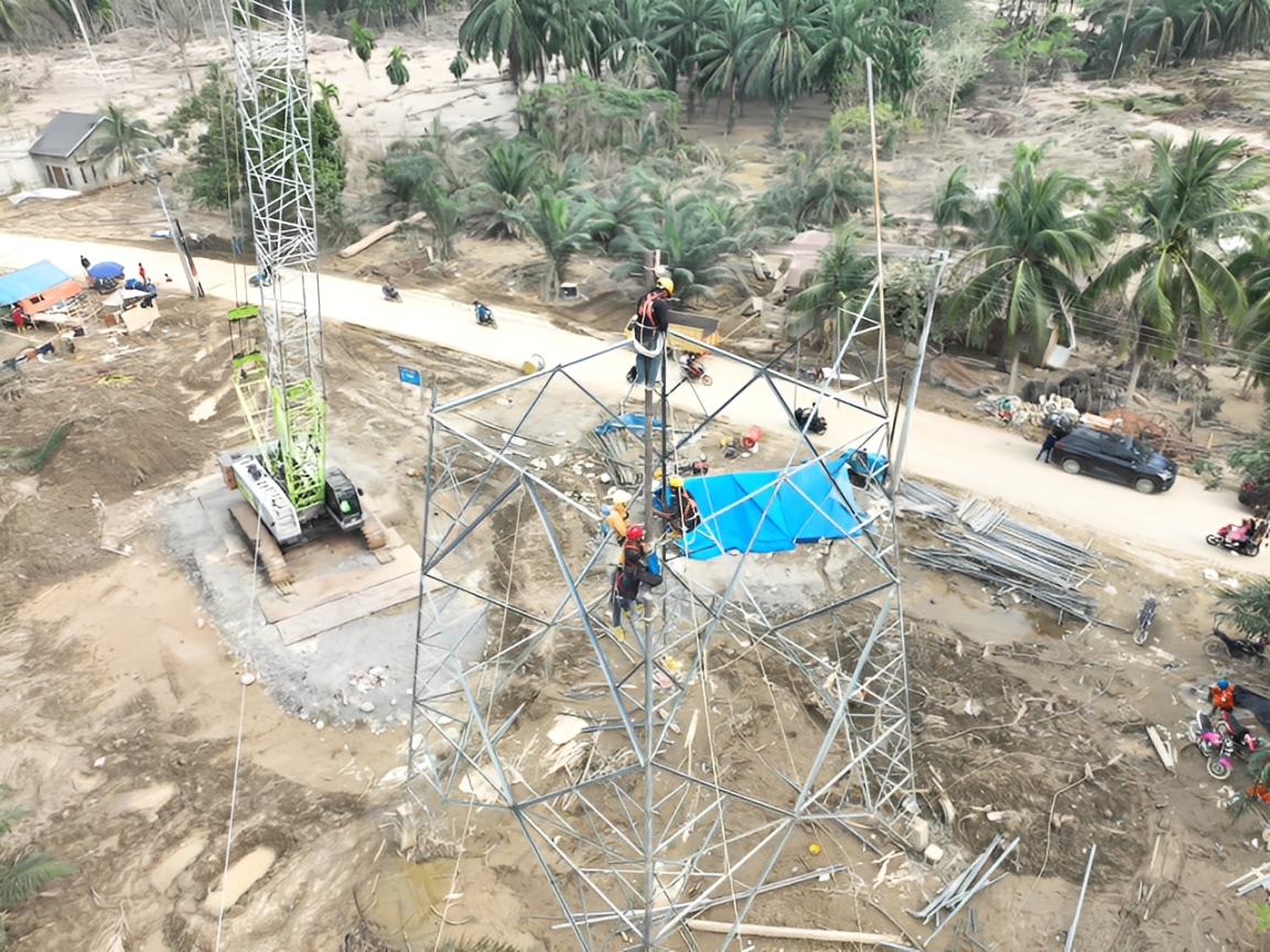 Proses pendirian tower transmisi 150 kV Pangkalan Brandan-Langsa jalur 2 di wilayah Aceh.