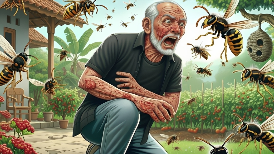 Ilustrasi lansia diserang kawanan tawon di area kebun.
