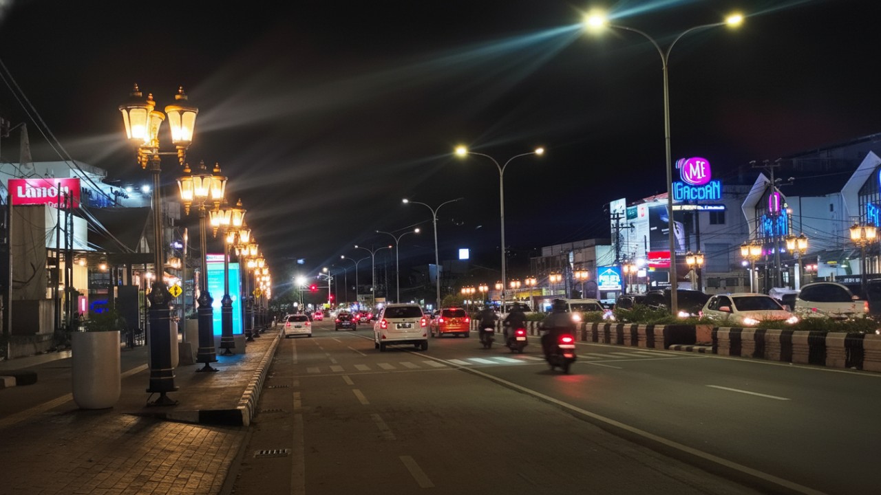 Lampu penerangan jalan di kawasan Jalan MT Haryono, Balikpapan.