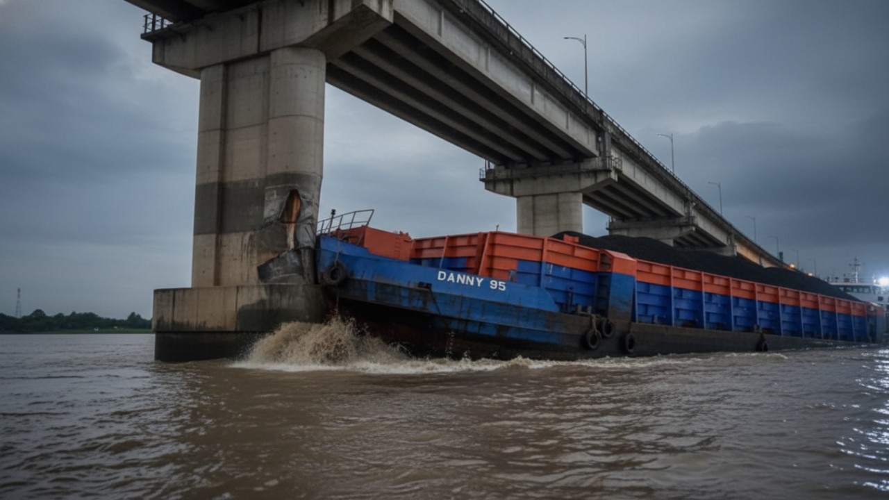 Ilustrasi tongkang batu bara menabrak kaki Jembatan Mahulu, Minggu (4 Januari 2026).