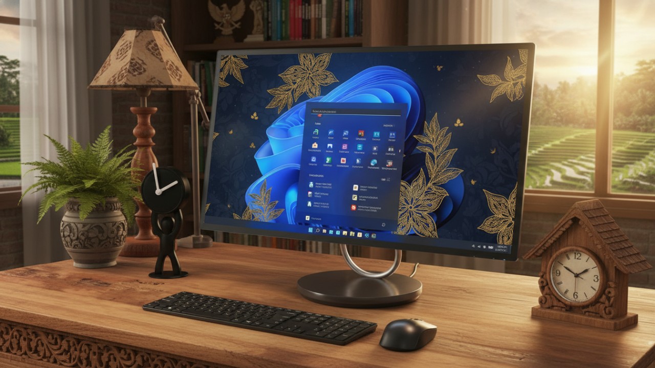 Komputer All-in-One dengan desain ramping dan meja kerja rapi, solusi praktis untuk rumah dan kantor modern.