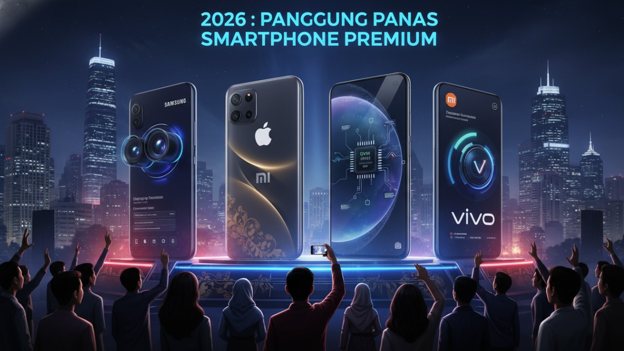 Ilustrasi deretan smartphone flagship 2026 dari Samsung, Apple, Xiaomi, dan Vivo dengan desain premium dan kamera unggulan.