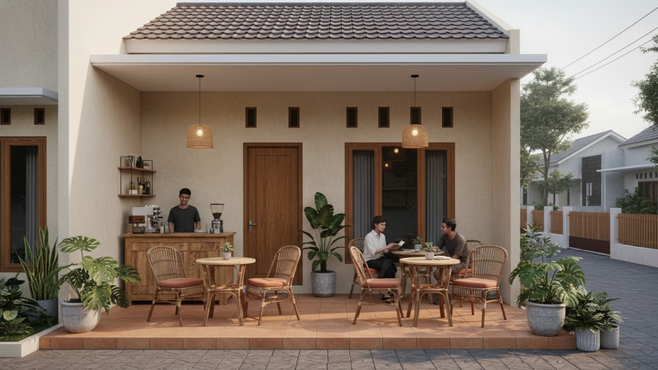 Suasana kafe teras  di rumah minimalis dengan meja kayu dan cahaya alami yang hangat.