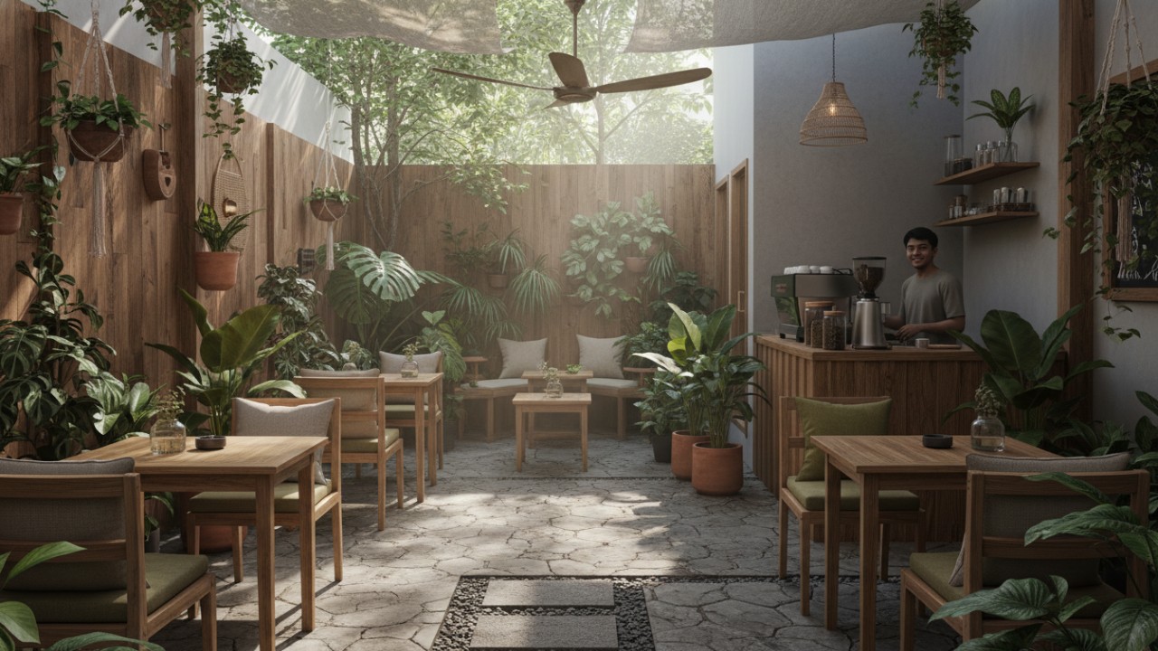 Suasana kafe halaman belakang rumah minimalis dengan tanaman lokal dan cahaya alami yang menenangkan.