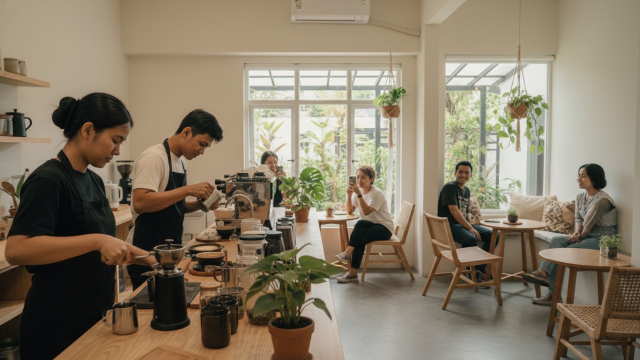 Aktivitas dapur terbuka di kafe rumahan minimalis, memperlihatkan proses pembuatan kopi, atraksi barista dan meja yang rapi.