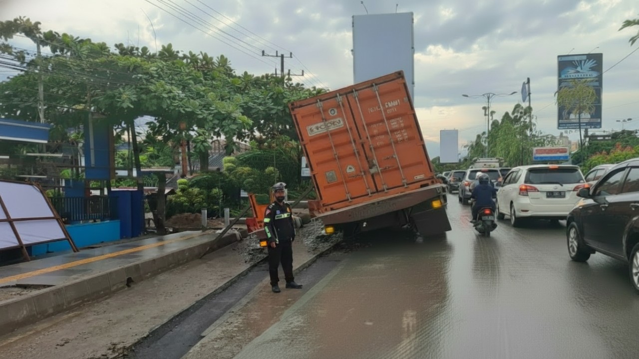 Truk yang amblas di bekas galian proyek di Jalan Letjen Soeprapto, Samarinda, Senin (5 Januari 2026).
