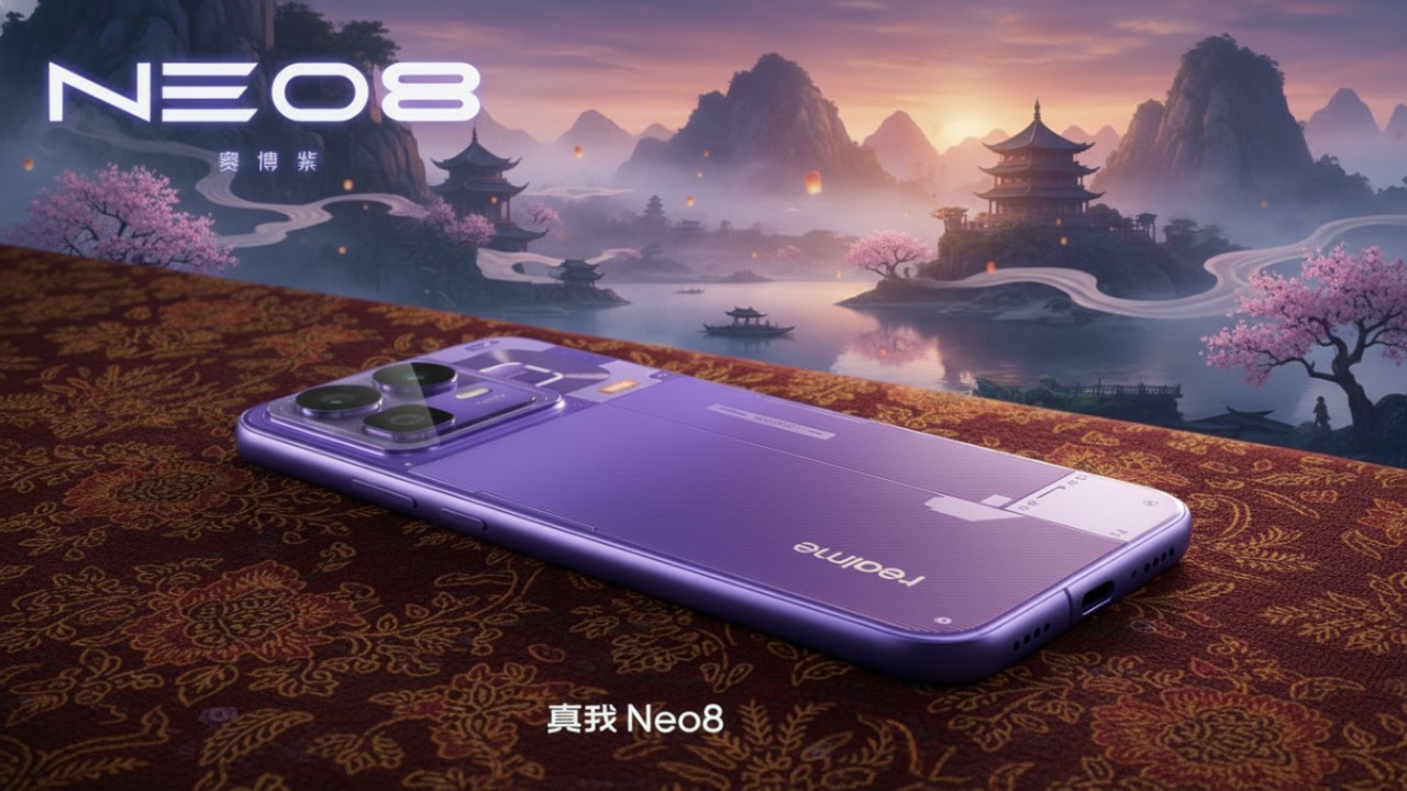 Tampilan belakang Realme Neo 8 Cyber Purple dengan desain transparan dan modul kamera bertanda 120X yang mencuri perhatian