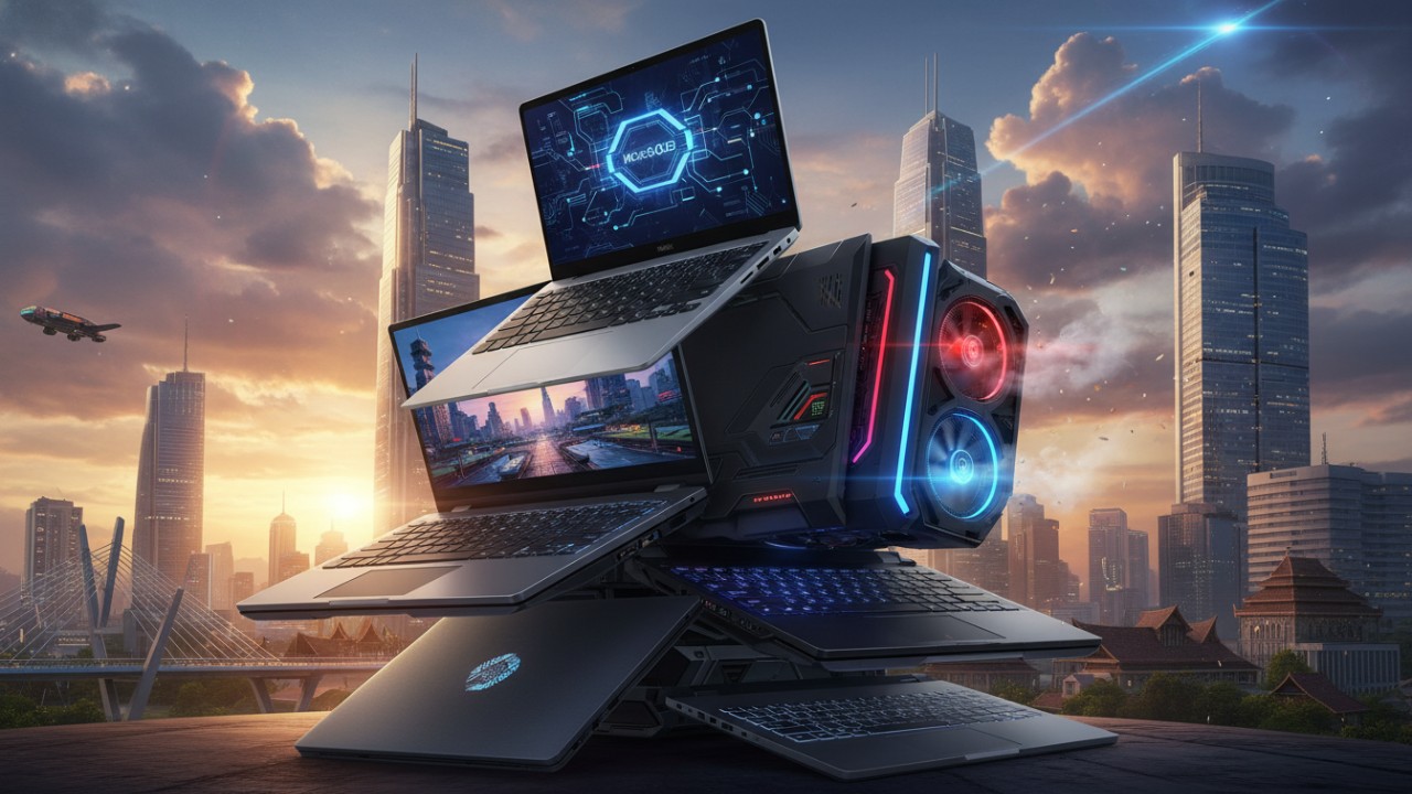 ilustrasi Deretan laptop 2026 dengan layar OLED, desain lipat, dan bodi tipis yang menandai era baru komputasi mobile.