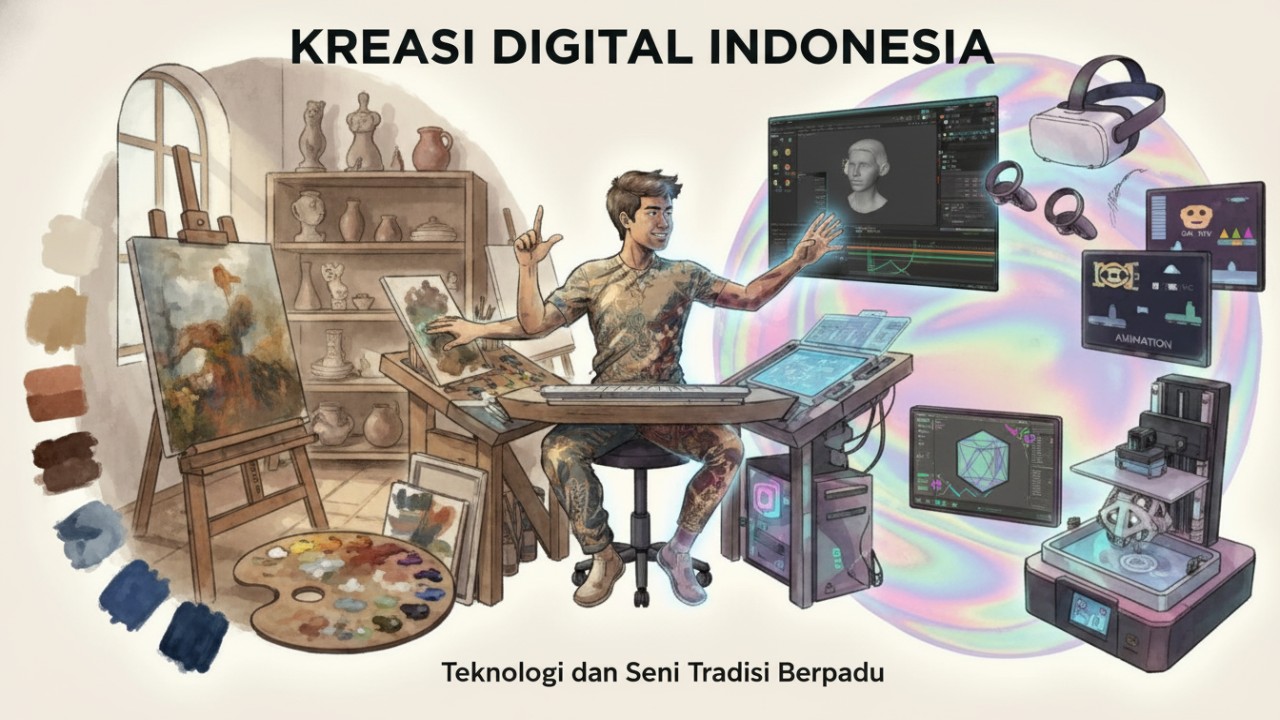 Ilustrasi ekosistem bisnis digital dengan AI, keamanan siber, dan cloud modern yang saling terhubung.
