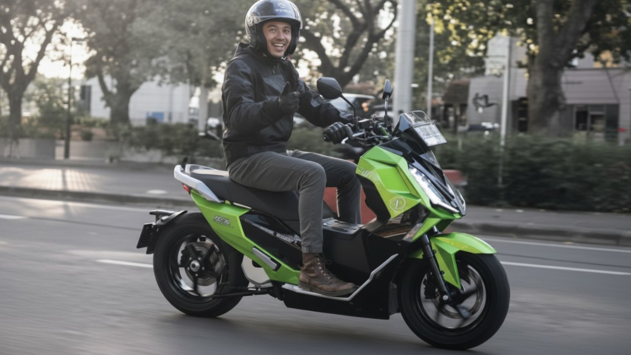 Deretan motor listrik modern dengan desain sporty dan klasik, menegaskan tren transportasi ramah lingkungan.