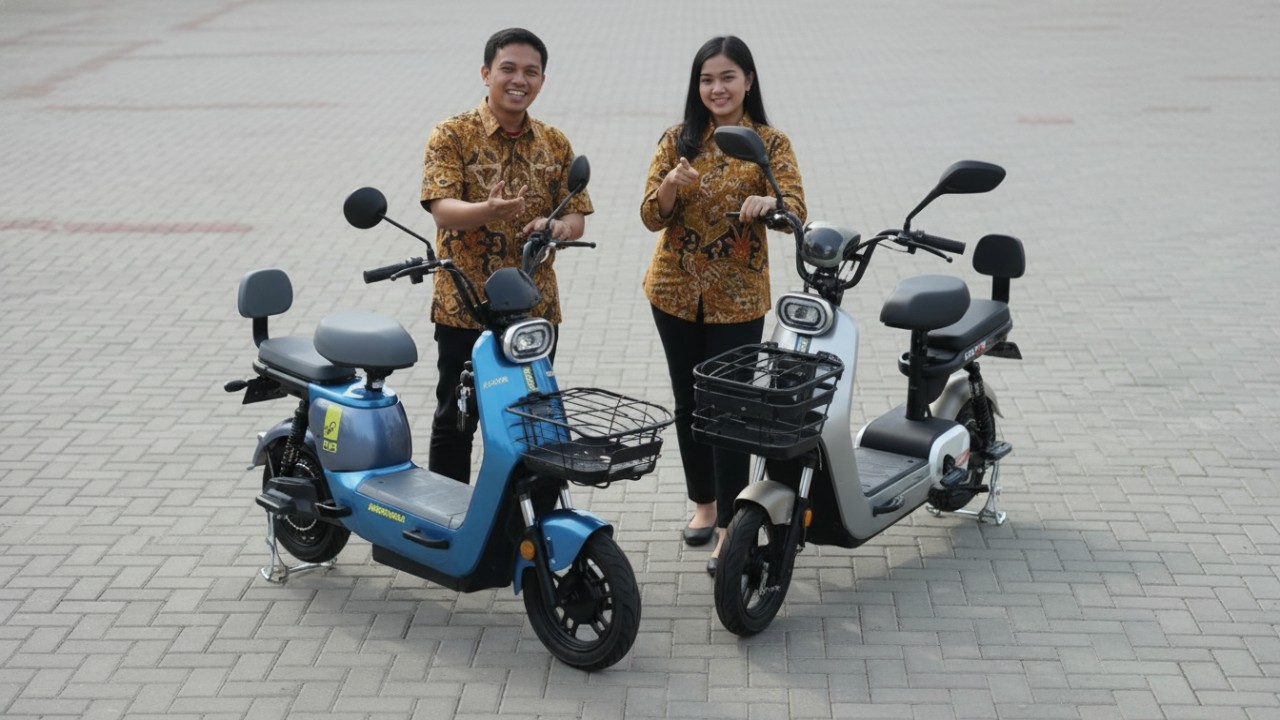 Ilustrasi sepeda listrik modern dengan desain ringkas, solusi transportasi ramah lingkungan untuk aktivitas harian.