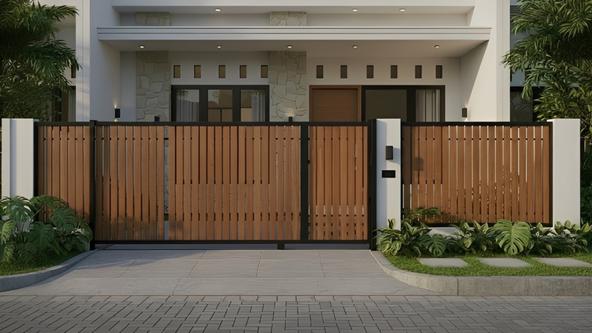 Tampak depan pagar rumah minimalis dengan desain bilah kayu vertikal berpadu rangka besi hitam yang memberikan kesan rapi, aman, dan selaras dengan fasad bangunan.