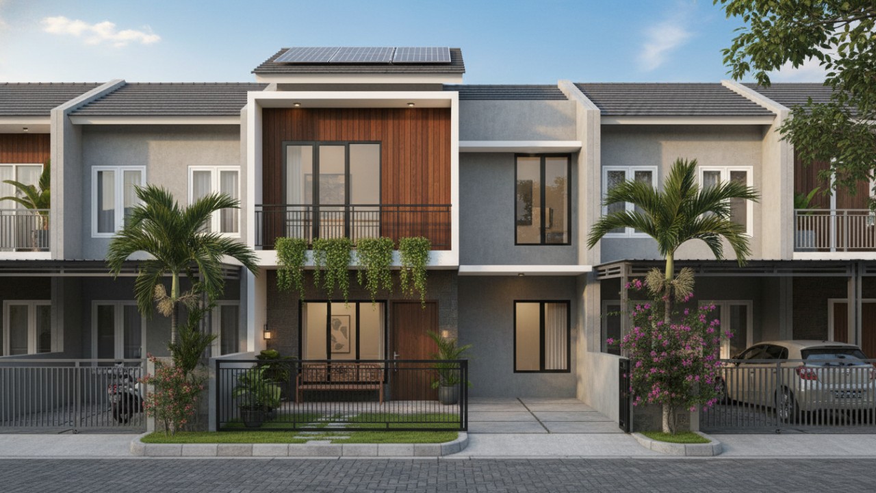 Ilustrasi rumah minimalis dua lantai dengan desain vertikal humanis yang memaksimalkan cahaya alami di lahan perkotaan.