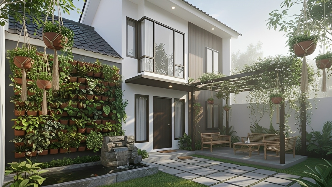 Kebun mini di rumah minimalis 2026 dengan tanaman vertikal, pot gantung, dan elemen alami yang sejuk.