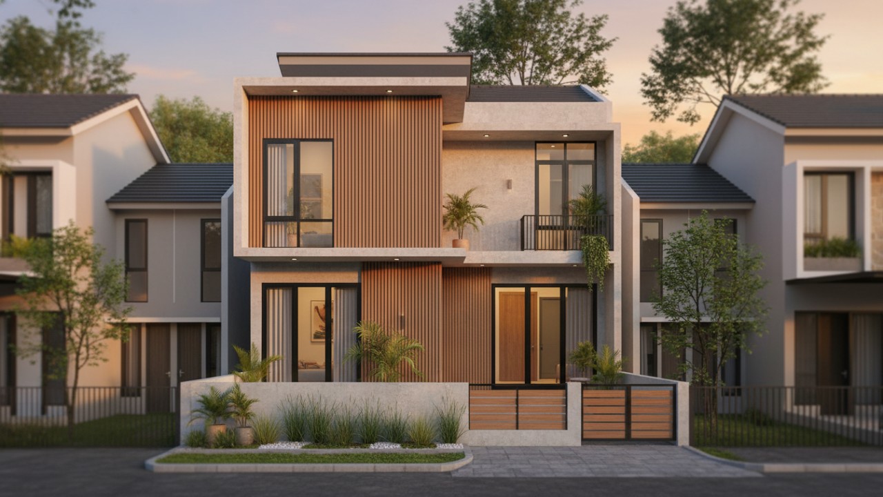 Rumah minimalis dua lantai dengan desain vertikal sederhana yang selaras dengan lingkungan kota.