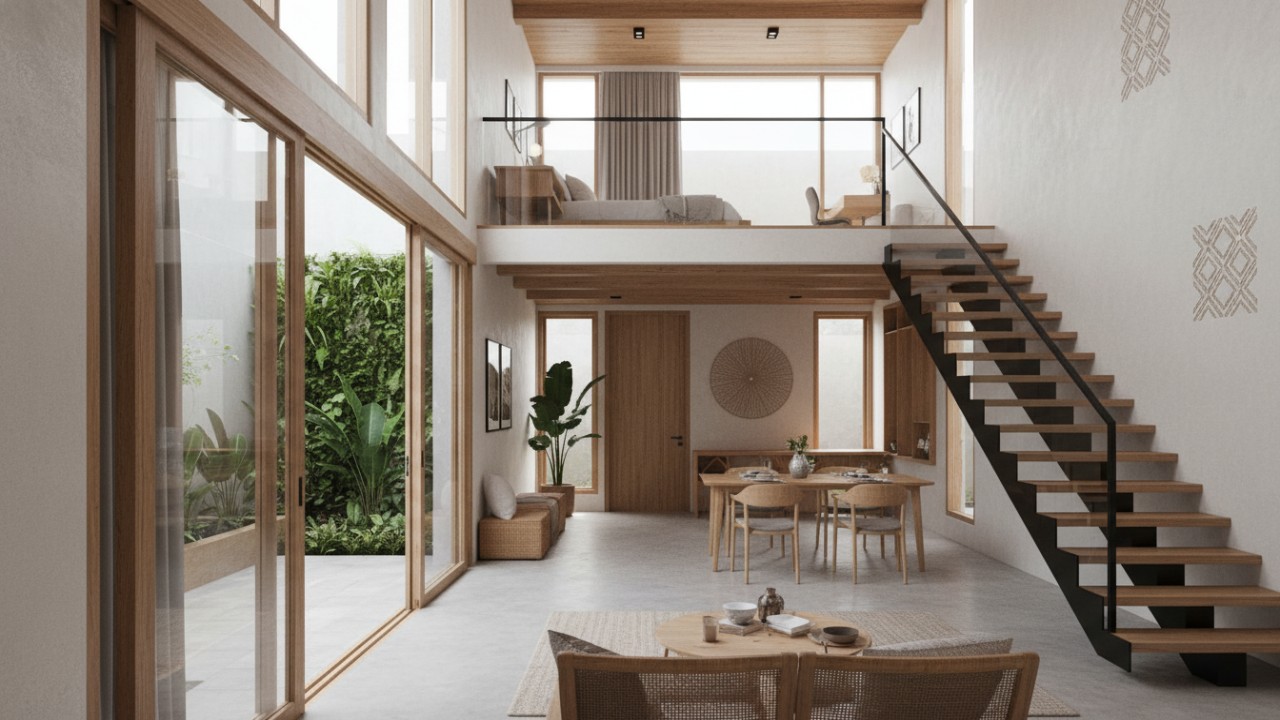 Rumah minimalis dua lantai dengan desain vertikal sederhana yang selaras dengan lingkungan kota.