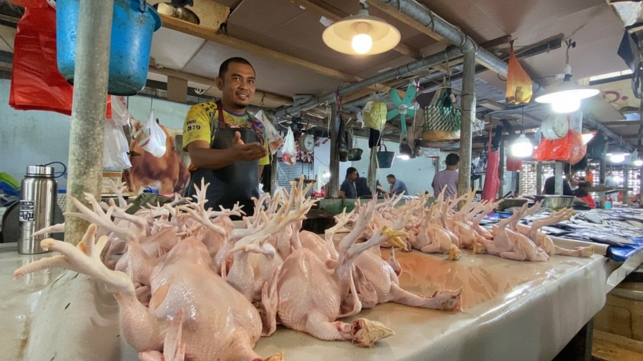 Aktivitas jual beli di Pasar Klandasan Balikpapan dengan deretan bahan pangan dan harga yang terpantau stabil.