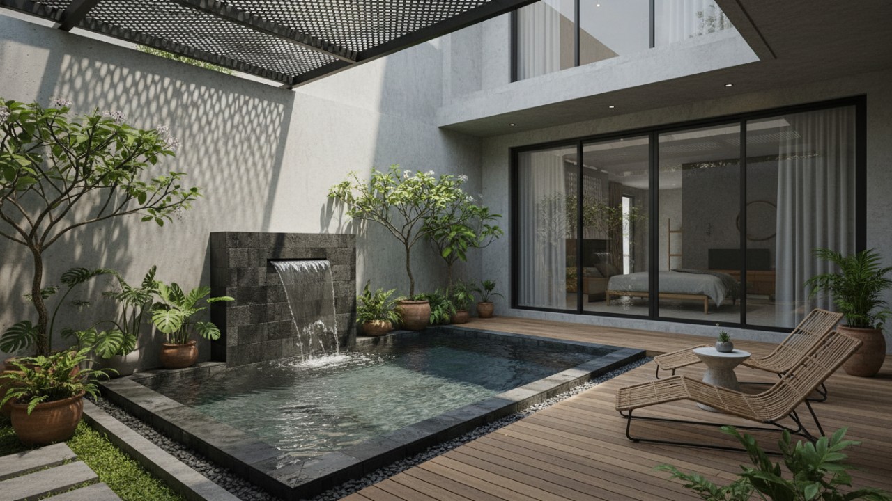Kolam sudut  di pojok halaman rumah minimalis dengan beton ekspos dan tanaman kecil, memberi kesan tenang dan modern.