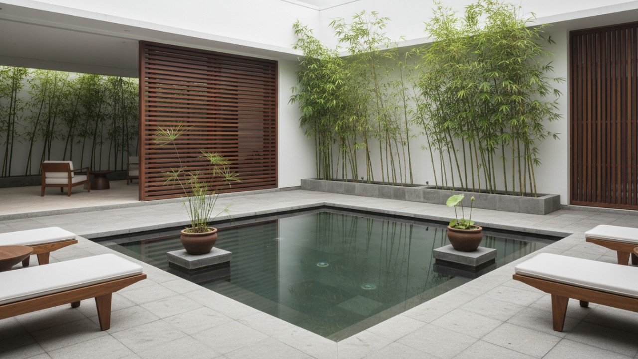 Kolam sudut dengan tanaman air minimal di pojok halaman rumah modern, memberi nuansa tropis yang rapi dan tenang.