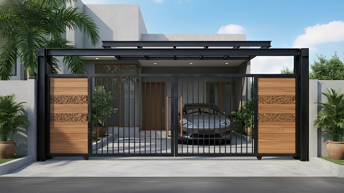 Model pagar besi lipat dua daun dengan kombinasi panel kayu pada carport rumah minimalis modern, menampilkan desain praktis dan estetik yang populer di 2026.