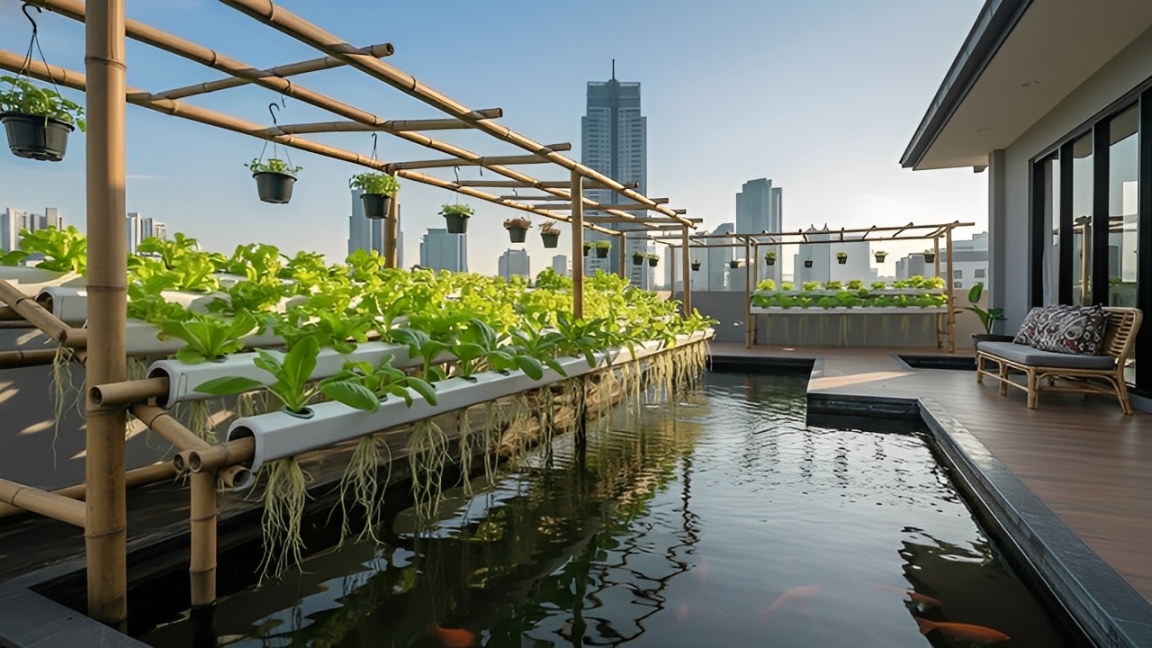 Tampilan kebun sayur akuaponik di atas kolam ikan yang rapi dan estetik, solusi hijau untuk rumah perkotaan.