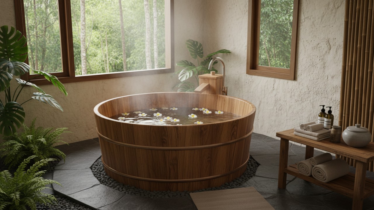Desain bak mandi kayu ala Jepang memberikan nuansa alami dan tenang, cocok untuk kamar mandi dengan tema rustic."