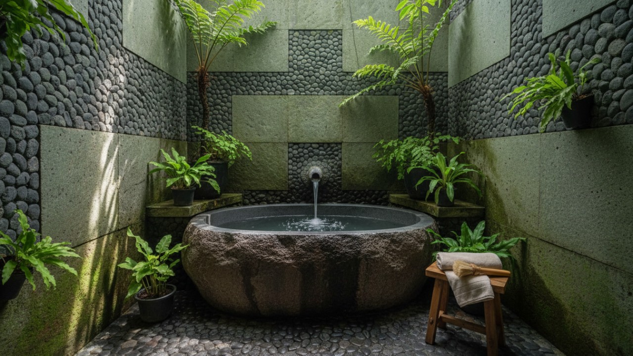 Dengan desain yang unik dan natural, bak mandi batu bisa jadi pilihan yang eye-catching