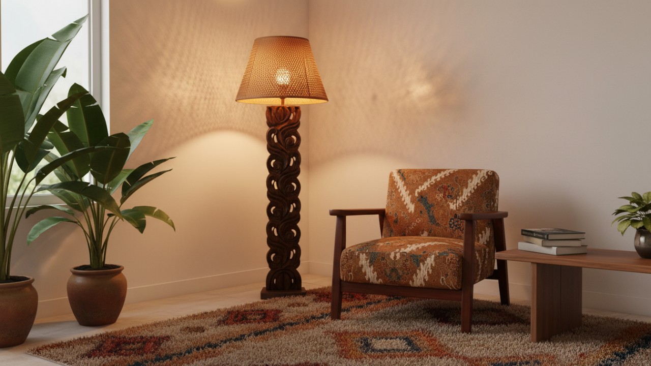 standing lamp biasanya ditempatkan di sudut ruangan. untuk membaca atau menciptakan atmosfer santai