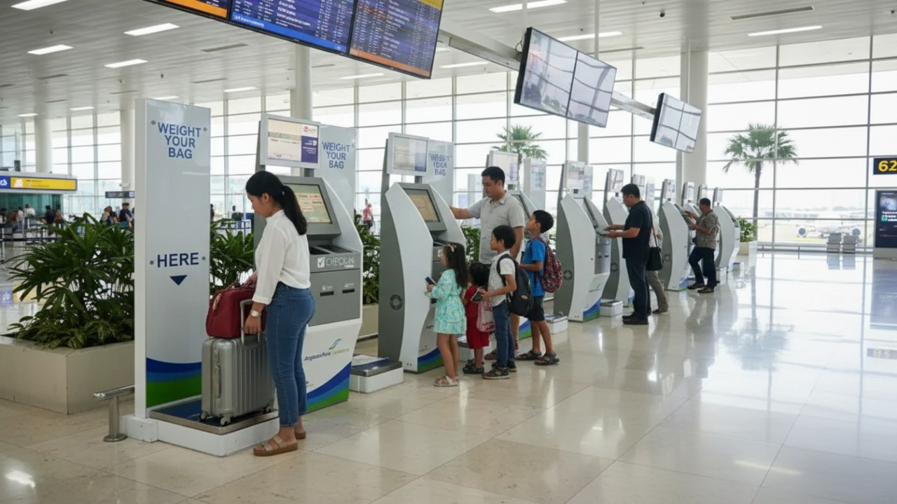 Penumpang memanfaatkan fasilitas self check-in di Bandara