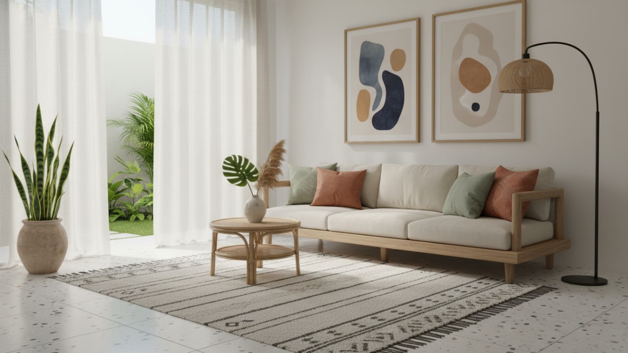 Ilustrasi dekorasi rumah sederhana dengan warna netral, furnitur multifungsi, dan pencahayaan hangat yang menenangkan.
